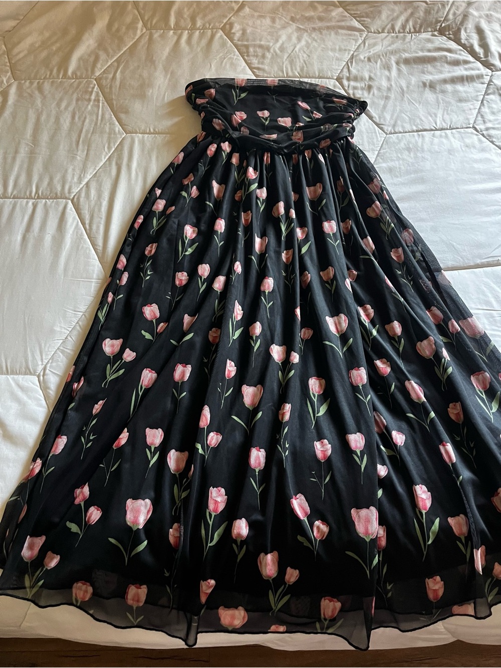 SHEIN Black Strapless Floral Maxi Dress with Pink Tulips